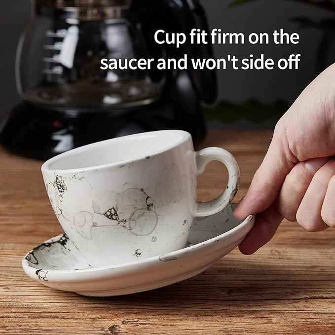 SIDUCAL Espresso Cups Set of 4,6 Ounce Ceramic Coffee Cups with Saucers,Porcelain Double Espresso Cup Set,Gift Box for Boyfriend Gift(White)