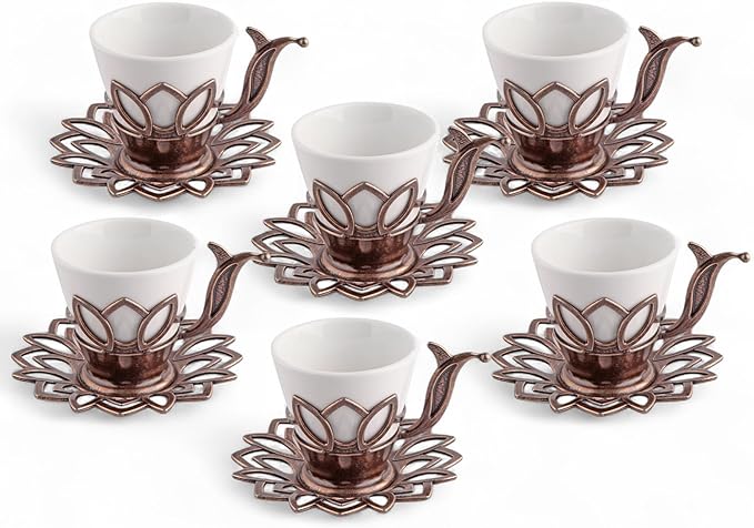 Alisveristime (Set of 6 Turkish Coffee Set with Porcelain Cups, Zamac Holders & Saucers – 80ml Capacity, Ottoman Motif, 4 Color Options (Brown)