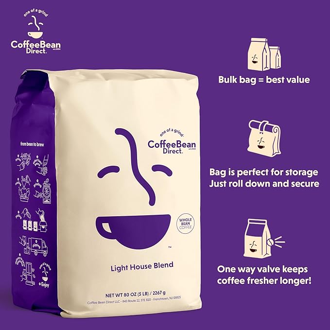 Coffee Bean Direct Light House Blend, Whole Bean Coffee, Light Roast, 5 Pound Bag (Pack of 1)