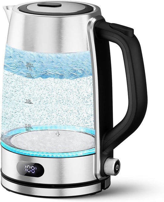 COWSAR Electric Kettle with Precise Temp Control (104-212℉) - Hot Water Kettle, 304 Food-Grade SS & Borosilicate Glass, Custom Keep-Warm, Ambient Light, Auto-Shutoff, Anti-Dry-Boil, 360° Cordless Base