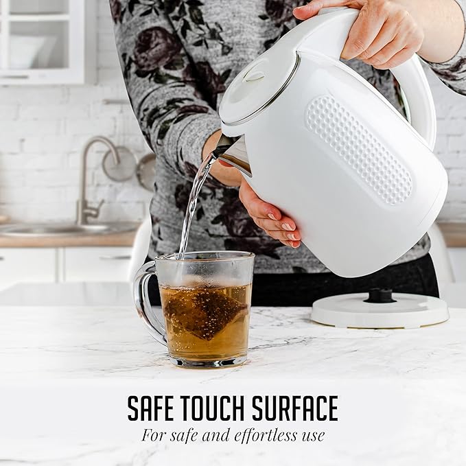 OVENTE 1.7L Double Wall Electric Tea Kettle, 1100W Water Boiler and Heater with Cool-Touch Exterior, Stainless Steel Insulated Interior, Auto Shut-Off, Boil-Dry Protection & Locking Lid, White KD64W