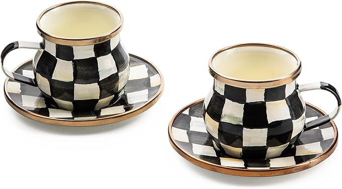 MACKENZIE-CHILDS Espresso Cup and Saucer Set, Cute Small Coffee Cups and Saucers, Set of 2, Black-and-White Courtly Check