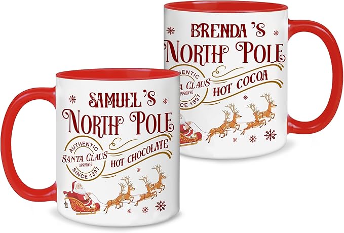 Personalized Funny Christmas Hot Cocoa Mug – Santa Gift, Unique White Elephant Exchange Present – Custom North Pole Hot Chocolate Ceramic Coffee Cup for Friends, Family, and Holiday Parties