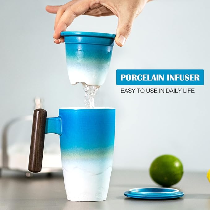 suyika Tomotime Ceramic Tea Cup with Infuser and Lid Tea Mugs Wooden Handle 400ml/13.5oz (Cyan blue)