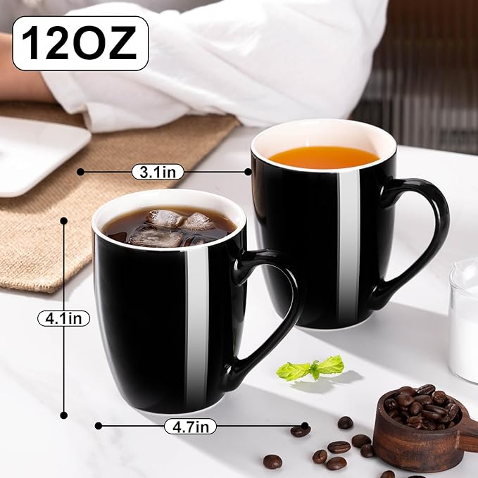 Coffee Mug Ceramic, Black Coffee Cups Ceramic Set of 2, 12 Oz Large Coffee Mug for Latte, Tea, Cappuccino, Cocoa-Microwavable