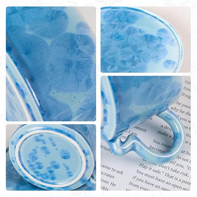 KAMMAK Tea Cups and Saucers set of 2, Porcelain Coffee Cups, 7.5oz Crystalline Glaze Espresso Mugs, Ceramic Demitasse for Coffee, Cappuccino, Latte, Americano, Tea (Dark Blue and White Blue)