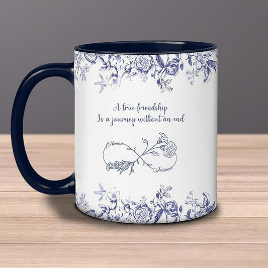 Personalized Best Friend Mug – Custom Name Floral Design, Birthday, Anniversary, Going Away Gifts for Best Friends, Chinoiserie Toile de Jouy Ceramic Mug