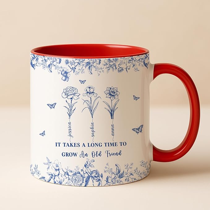 Personalized Best Friend Mug – Custom Name Floral Design, Birthday, Anniversary, Going Away Gifts for Best Friends, Chinoiserie Toile de Jouy Ceramic Mug