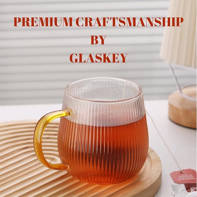 GLASKEY Borosilicate Glass Coffee Mugs Set of 2,12oz Glass Coffee Cups with Vertical Stripes Pattern,Clear Tea Cup for Tea,Coffee,Latte,Hot and Cold Beverage,Christmas Thanksgiving Gifts