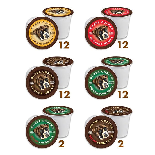 Boxer Coffee Variety Pack Sampler – 52 Count Medium Roast Single-Serve Coffee Pods, Colombian, Organic House, French Roast, Sumatra, Decaf Swiss Water – Specialty Grade Gourmet Coffee, Compatible with Keurig K-Cup Brewer