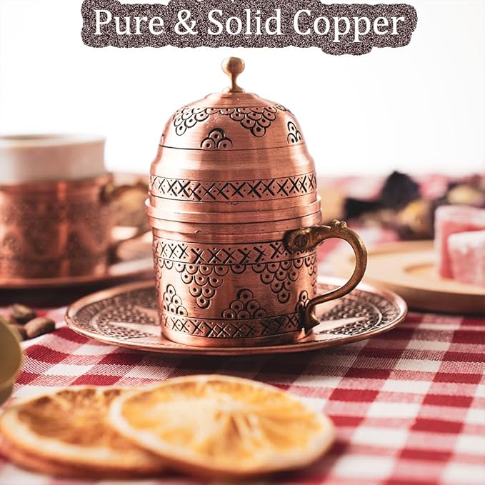 Pure Copper Turkish Arabic Greek Moroccan Coffee Espresso Cup and Saucer Set of 2 Lid Mug Inner Porcelain Serving Drinking Drink Gift Mini Small Fancy Antique Handmade for Home Vintage Unique