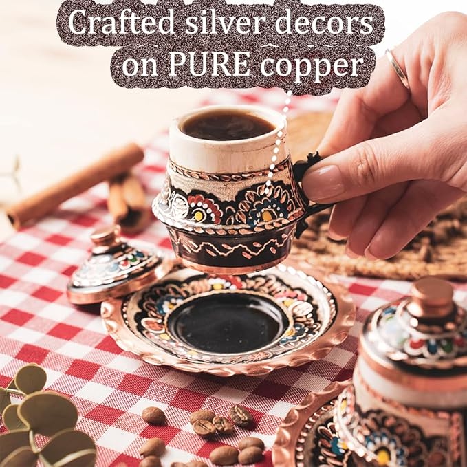 Copper Turkish Arabic Coffee Cup and Saucer Set of 2 Espresso Inner Porcelain Persian Ottoman Vintage Decor Lid Gift Serving Drinking Drinkware Drink Rustic Fancy Retro Small Mug Kitchen Accessories
