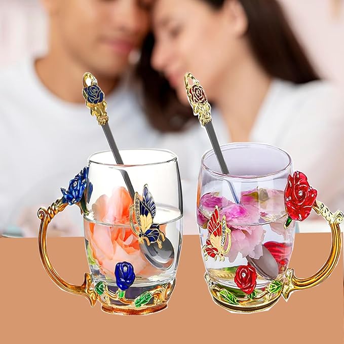 Glass Tea Cup，Birthday present for a mother a birthday present for RoseCoffee Mugs for Mother's Day (Rose Blue B)