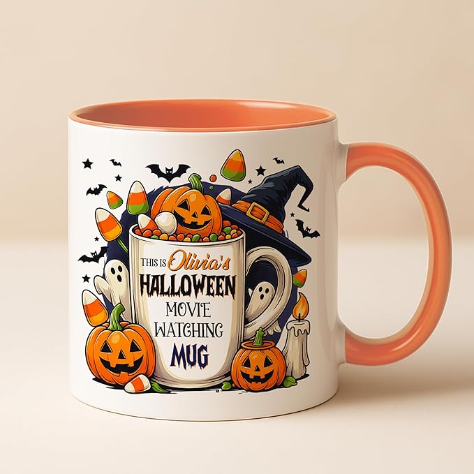 Personalized Halloween Movie Watching Mug – Custom Pumpkin Ghost Coffee Cup with Witch Hat and Candy Corn – Cute Fall Coffee Mug for Women, Spooky Bookish Gift for Readers & Halloween Lovers