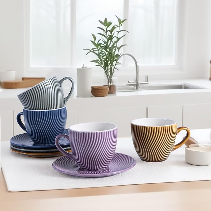 Yundu 8 oz Ceramics Cup & Saucer Sets of 4, Cappuccino Cup, Espresso Cups, Tea Cups and Saucers, Perfect for Coffee or Matcha and Latte (Set of 4 colors)