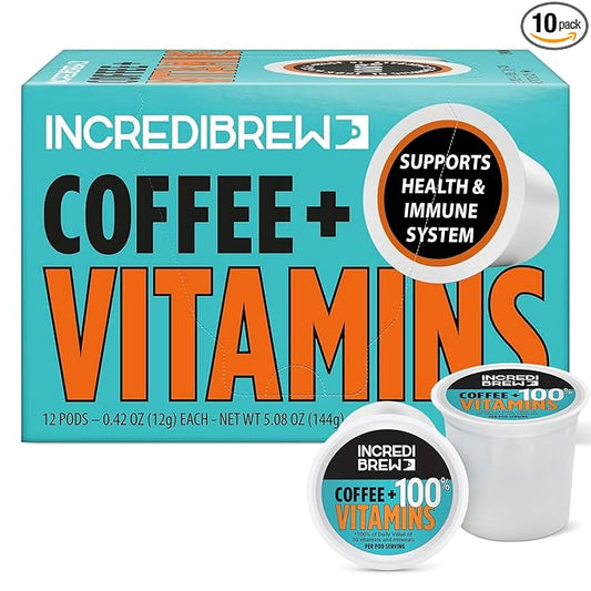 Incredibrew Coffee Keto Friendly with No Sugar; Medium-Dark Roast, Recyclable Pods, 10 Count Pods (10 Pods, Vitamin)