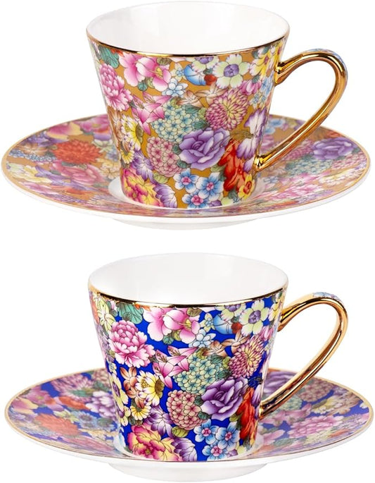 KAMMAK Tea Cups and Saucers Set of 2, Porcelain Coffee Cup with Saucer for Espresso, Cappuccino, 7.5oz Vintage Yellow Floral Ceramic Demitasse Mug for Home, Tea Party, Office