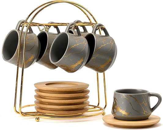 LUKA Ceramic Espresso Cups with Saucers and Metal Stand, Small 4 oz Porcelain Demitasse Cups Set of 6, Cute Cappuccino Coffee Cups for Double Espresso, Tea, Marbling Gray
