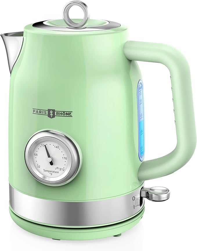 Retro Electric Kettle, PARIS RHÔNE 1.7L Hot Tea Kettle with Thermometer, 1500W Fast Heating, Cordless Design, LED Indicator, Auto Shut-Off & Boil Dry Protection