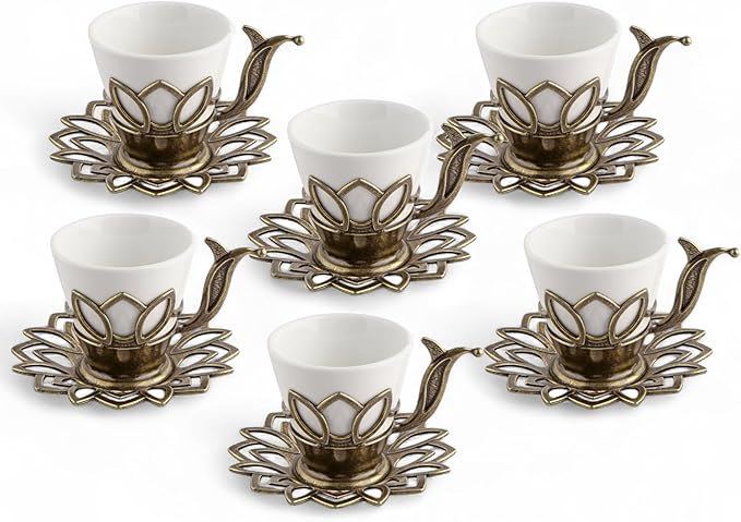 Alisveristime (Set of 6 Turkish Coffee Set with Porcelain Cups, Zamac Holders & Saucers – 80ml Capacity, Ottoman Motif, 4 Color Options (Antique Green)