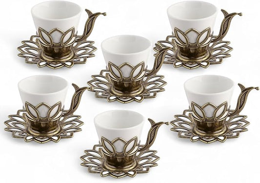 Alisveristime (Set of 6 Turkish Coffee Set with Porcelain Cups, Zamac Holders & Saucers – 80ml Capacity, Ottoman Motif, 4 Color Options (Antique Green)