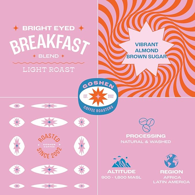 Goshen Coffee Roasters Whole Bean Bright Eyed Breakfast Blend | Light Roast, Brewed or Espresso | Award-Winning - Natural and Washed | Vibrant, Almond, Brown Sugar Flavors | 5 lb Bag