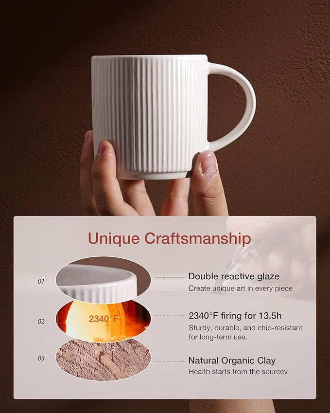 famiware Coffee Mug Set for 4, Star 12 oz Catering Mugs Cup Set with Handle for Coffee, Tea, Cocoa, Milk - Ceramic Stoneware Drinkware Set, Matte White