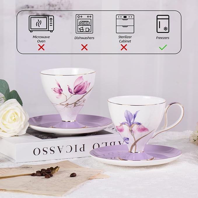 KAMMAK Ceramic Coffee Cups Saucers Set of 2, Porcelain Espresso Cups with Saucers, 8.12 oz Handcrafted Elegant Bone China Tea Cups, Purple Hibiscus & Iris Flower Pattern Teacup for Party, Office, Gift