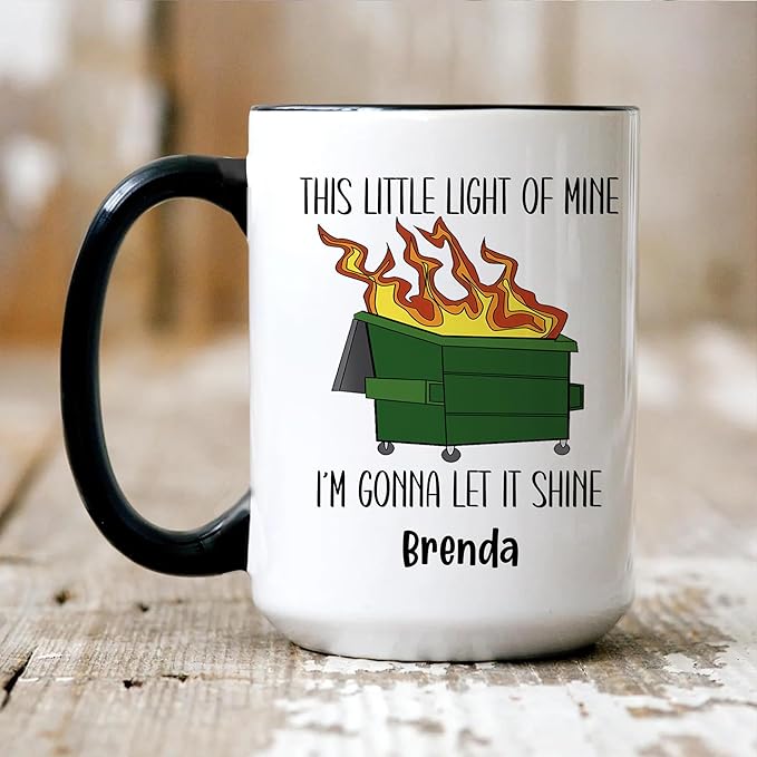 Personalized Funny Dumpster Fire Coffee Mug – Custom Name Cup with Quote “This Little Light of Mine I’m Gonna Let It Shine” – Unique Gag Gift, White Elephant Christmas Cup
