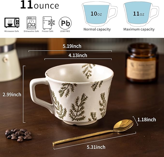 Mug Set of 2 Coffee Mugs Set 11 Ounce, Porcelain Cups for Latte, Hot Tea, Cappuccino, Cocoa, Soup, Dishwasher, Microwave Safe, Christmas Gift Set (Bean leaf & Vines)
