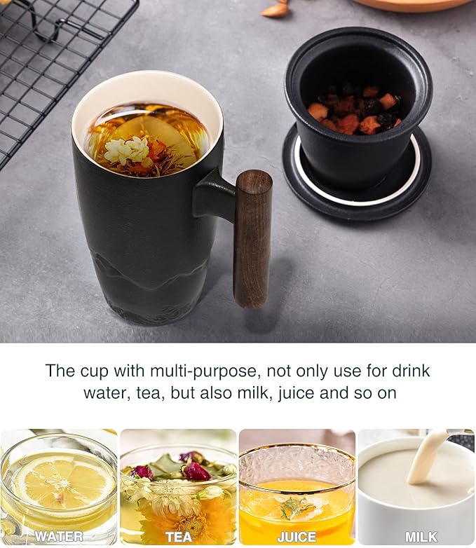 suyika Tomotime Ceramic Tea Cup with Infuser and Lid Tea Mugs Wooden Handle 400ml/13.5oz Black