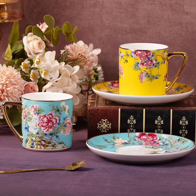 KAMMAK Tea Cups and Saucers Set of 2, Porcelain Coffee Cup with Saucer for Espresso, Cappuccino, 7.5oz Vintage Yellow and Blue Floral Ceramic Demitasse Mug for Home, Tea Party, Office