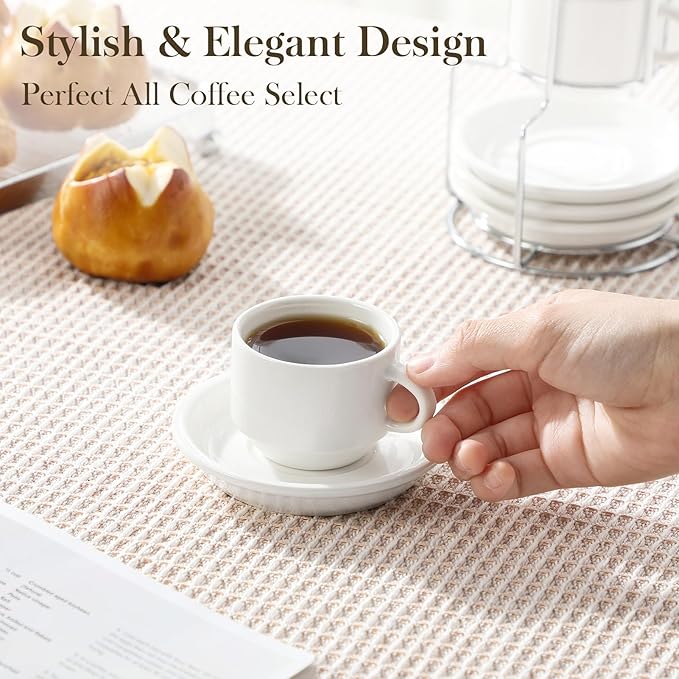 MALACASA 2.5 OZ Porcelain Espresso Cups with Saucers and Metal Stand Set of 4, Stackable Cappuccino Cups, White Expresso Shots Cup Set for Coffee Drinks, Latte, Tea