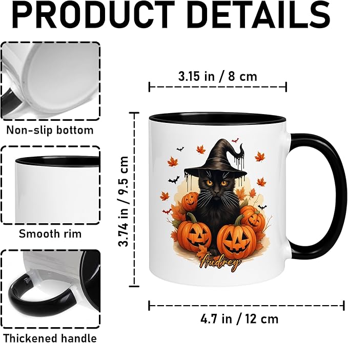 Personalized Halloween Black Cat Mug – Custom Name Coffee Cup with Witch Hat and Pumpkins – Spooky Fall Gift for Cat Lovers & Halloween Decor Fans