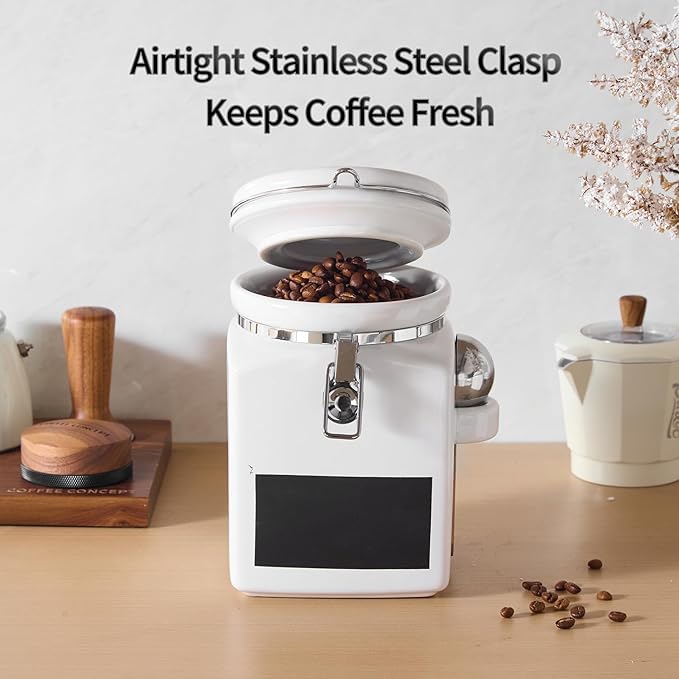 Ceramic Coffee Canister with Airtight Lid and Scoop, Large 78 Fl Oz / 2.3 L Kitchen Food Storage Container Jar for Grounds Coffee, Beans, Tea, Sugar, Flour, Cereal, Nuts, Cookie, White