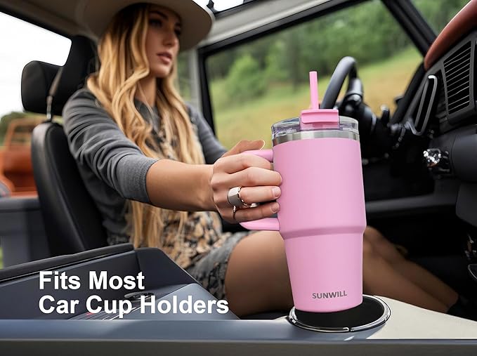 SUNWILL Travel Coffee Mug with Lid, 20 oz Tumbler with Handle and Straw Leak Proof, Stainless Steel Cup Insulated for Office & Gym, Cupholder Friendly, Powder Coated Pink