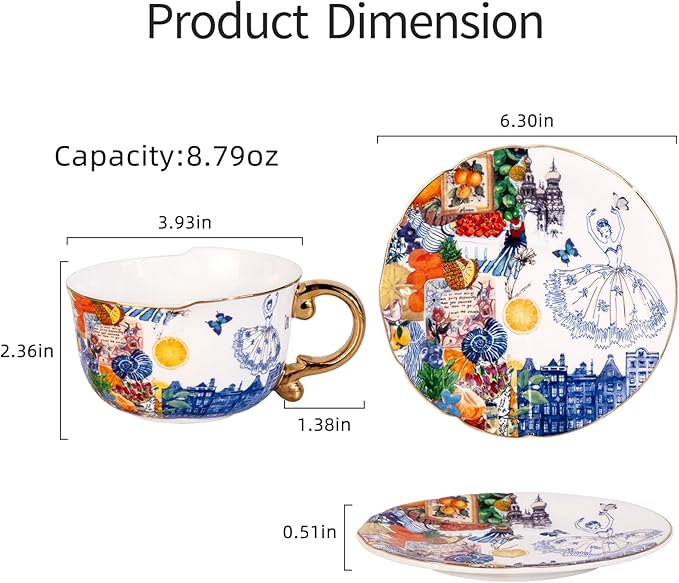 KAMMAK Tea Cups and Saucers Set of 2, Fine Bone China Coffee Cups, 8.5-Ounce Stackable Espresso Mugs, Ceramic Demitasse for Coffee, Cappuccino, Latte, Americano, Tea, Dream Ballet