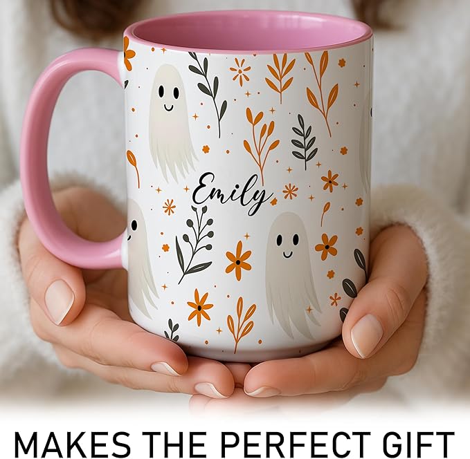 Halloween Coffee Mug Cute Ghost Floral Birthday Halloween Thanksgiving Christmas Gift For Kids Friends Girls Custom Name Ceramic Cup
