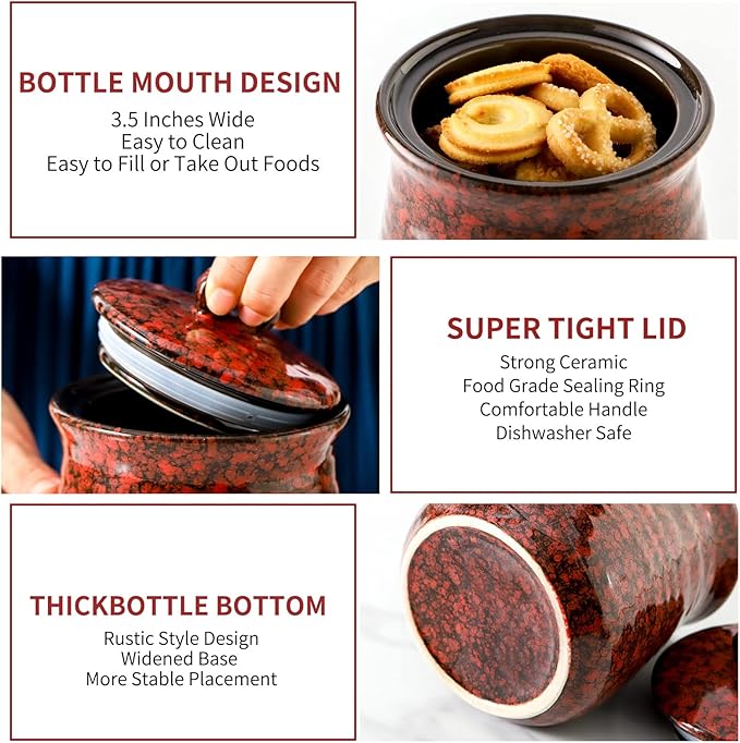Ceramic Food Storage Jar, Coffee Canister for Countertop with Lids Airtight, Large Flour,Spices,Beans,Rice and Candies Containers for Kitchen and Home,Gift for Halloween,Farmhouse,35 OZ Red