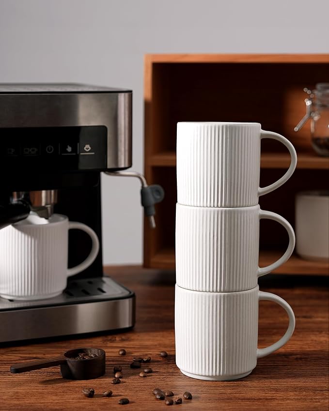 famiware Coffee Mug Set for 4, Star 12 oz Catering Mugs Cup Set with Handle for Coffee, Tea, Cocoa, Milk - Ceramic Stoneware Drinkware Set, Matte White