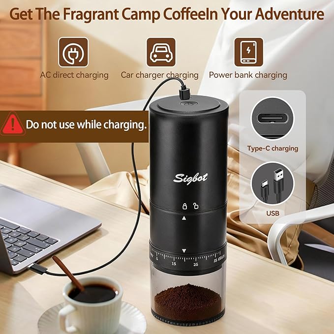 Portable Electric Coffee Grinder - 38 Grind Settings, Conical Burr & Black Stainless Steel Body, Rechargeable Mill for Espresso, Moka Pot, Turkish, Ideal for Camping and Travel