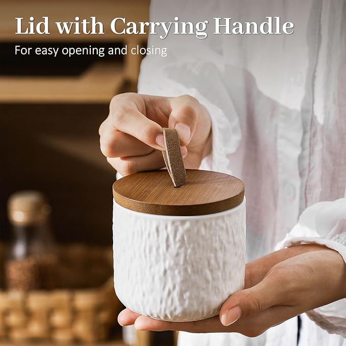 Canisters Set for Kitchen Food Storag of 3 Piece, Airtight Kitchen Canisters for Countertop, Modern Ceramic Jar with Top Handle & Wooden Lid for Coffee Tea Sugar Flour Cookie (White)