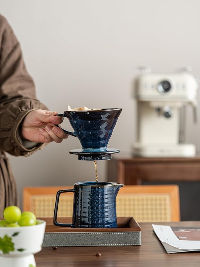Pour Over Coffee Maker Set,Ceramic Coffee Maker With 40 pcs Paper Filter，15oz/450ml Pour Over Coffee Dripper (Starry Blue)