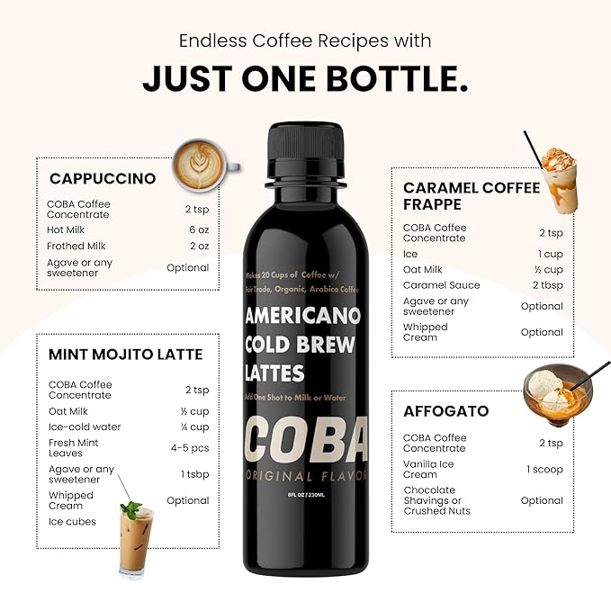 COBA Premium Coffee Concentrate: Bold & Extra Strong Kick - 20x Cups | Instant Cold Brew/ Hot Coffee in Seconds | Specialty, Fair Trade, Organic, Medium Roast, Dairy Free | 2 TEASPOONS/Cup | Rich Flavor (8 Fl Oz (Pack of 1), Vanilla)