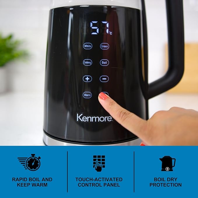 Kenmore Electric Kettle - Cordless Digital Calentador De Agua, Instant Pot Tea Kettle, Preset Temperature Control, Automatic Shut- Off, Cool Touch, Hot Water Boiling Heater, 1.7 Liter Black
