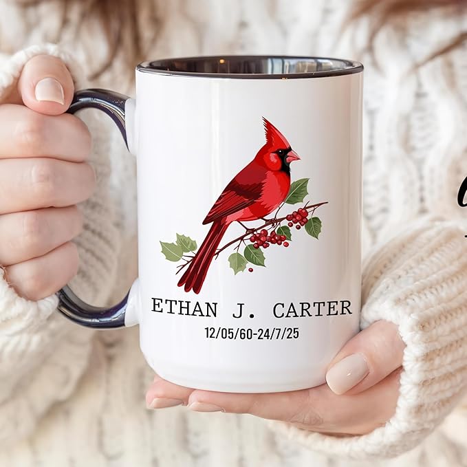 Personalized Memorial Coffee Mug – Cardinal Butterfly Ceramic Cup – Custom Remembrance Gift for Loss of Loved One – Sympathy Cup for Husband, Wife, Mother, Father, or Parents