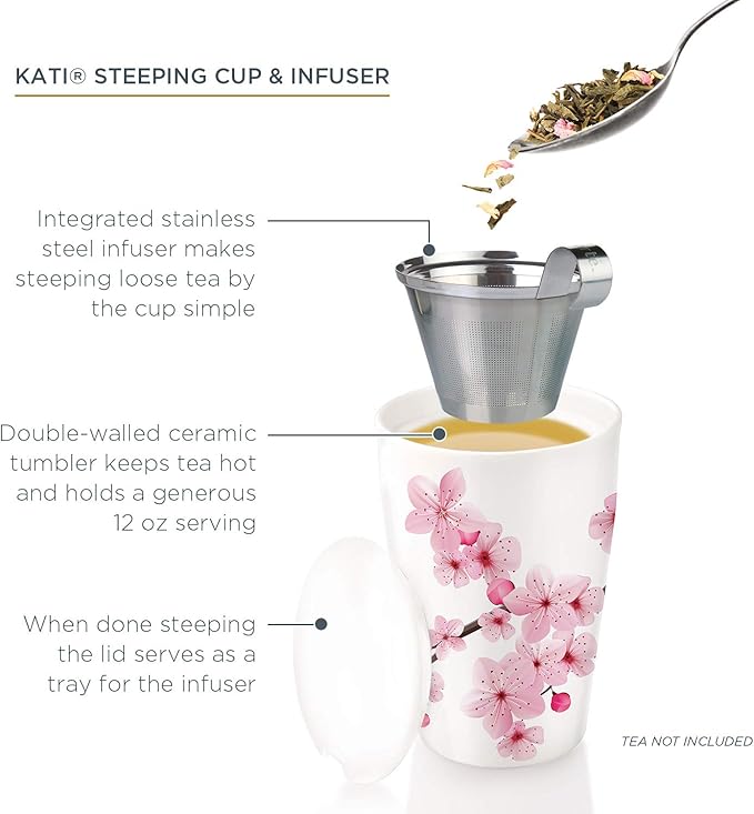 Tea Forte Double-Walled Ceramic Kati Cup, Removable Stainless Steel Infuser Basket and Lid, Steeps 12 oz Loose Leaf Tea, Dishwasher & Microwave Safe, Hanami