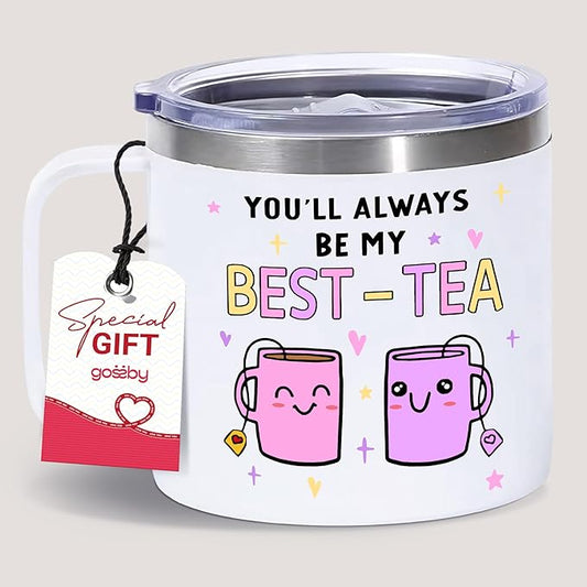 Gossby Bestie Gift for Women - 14oz BEST-TEA Insulated Tumbler Mug - Friend Tumbler Mug for Woman - Christmas, Birthday, Friendship Gift for Best Friend - Bestie Cup with Lid, Straw