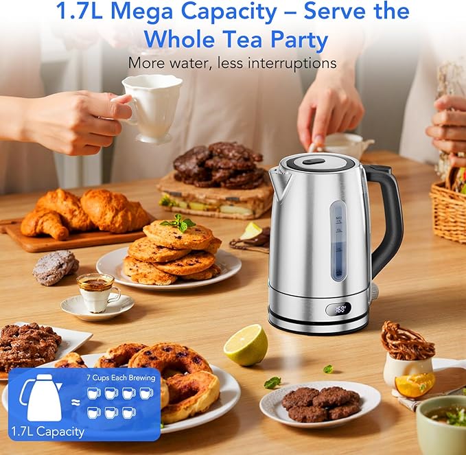 COWSAR Electric Kettle with Precise Temp Control - Hot Water Kettle 1.7L, 304 SS, Hidden Heater, Temp Display, One-Key Lid, Auto Off, Safety Guards, 360° Cordless Base