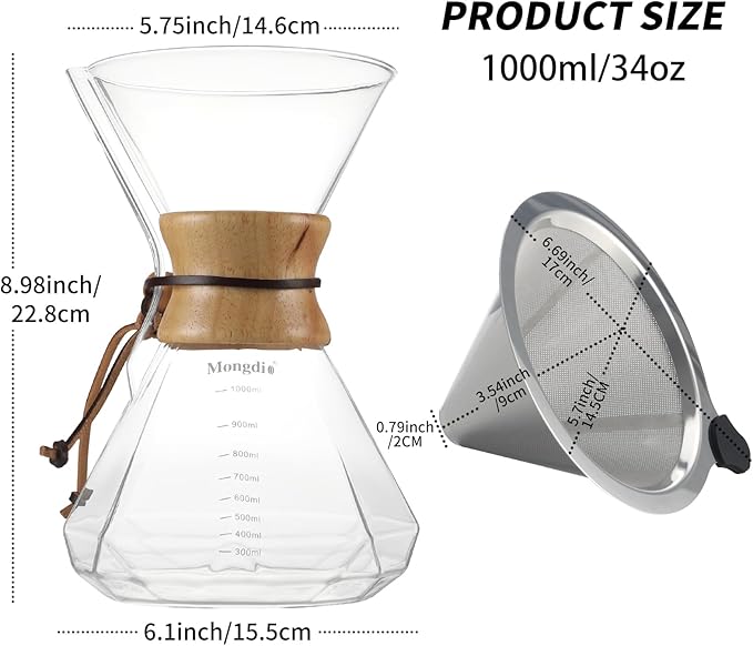 Mongdio 34oz/1000ml Pour Over Coffee Maker with Reusable Stainless Steel Filter and Wooden Collar Holder, 6-8 Cups Borosilicate Glass Coffee Maker for Camping Home, Clear